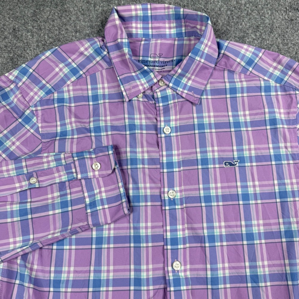 Vineyard Vines Button Down Shirt Mens Medium Purple Plaid Performance Stretch